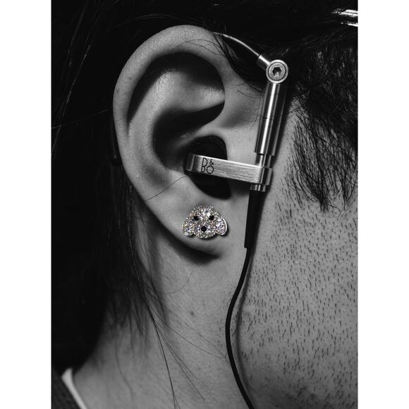 Round White and Black Cubic Zirconia Silver Doggy Face Earrings - Picture 2 of 9